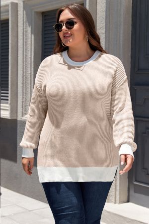 Plus Size Beige Stripe Rib Knit Sweater with White Contrast Trim