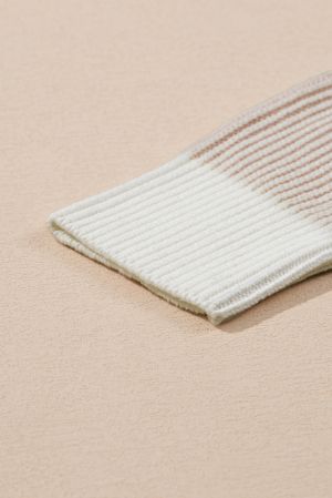 Plus Size Beige Stripe Rib Knit Sweater with White Contrast Trim