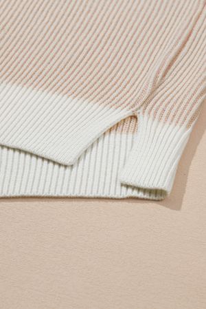 Plus Size Beige Stripe Rib Knit Sweater with White Contrast Trim