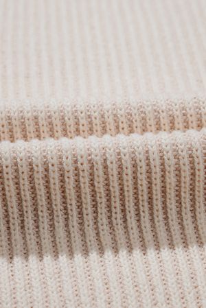 Plus Size Beige Stripe Rib Knit Sweater with White Contrast Trim