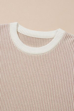 Plus Size Beige Stripe Rib Knit Sweater with White Contrast Trim