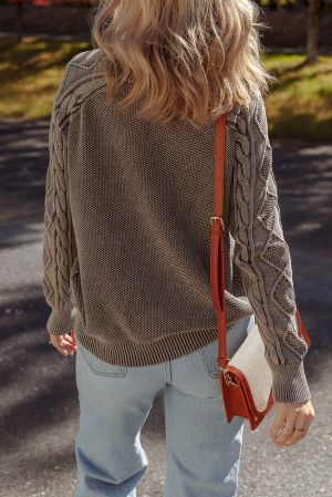 Women’s Dark Brown 100% Cotton Sweater with Cable Knit Sleeves