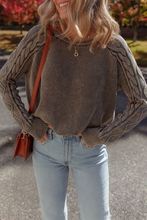 Women’s Dark Brown 100% Cotton Sweater with Cable Knit Sleeves