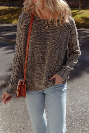 Women’s Dark Brown 100% Cotton Sweater with Cable Knit Sleeves