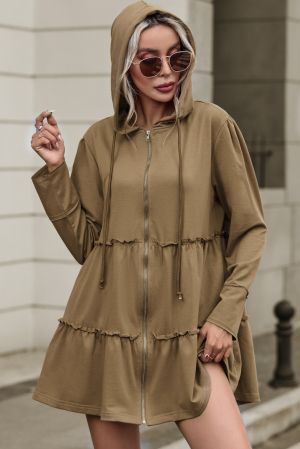 Women's Brown Hooded Jacket with Zipper and Tiered Ruffles