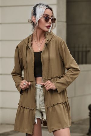 Women's Brown Hooded Jacket with Zipper and Tiered Ruffles