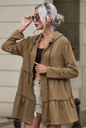 Women's Brown Hooded Jacket with Zipper and Tiered Ruffles