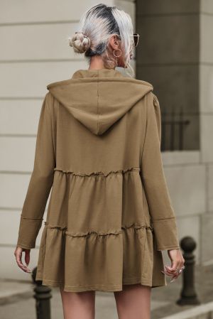 Women's Brown Hooded Jacket with Zipper and Tiered Ruffles
