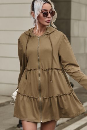 Women's Brown Hooded Jacket with Zipper and Tiered Ruffles