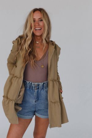 Women's Brown Hooded Jacket with Zipper and Tiered Ruffles