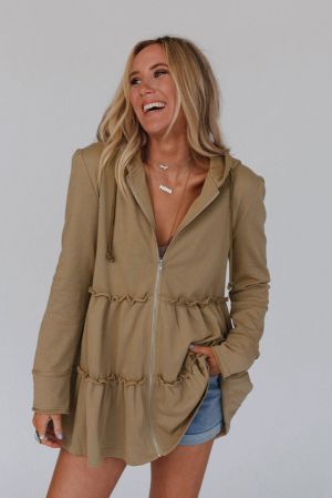Women's Brown Hooded Jacket with Zipper and Tiered Ruffles