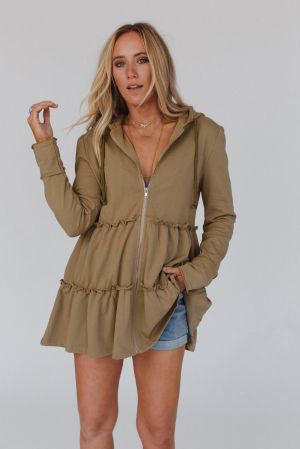 Women's Brown Hooded Jacket with Zipper and Tiered Ruffles