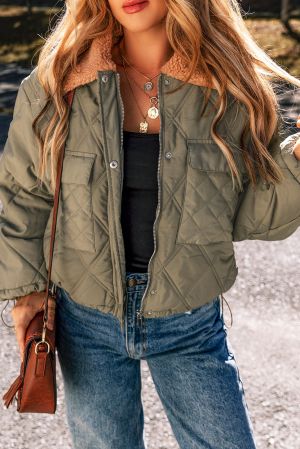 Women's Jungle Green Quilted Puffer Jacket with Teddy Collar and Pockets