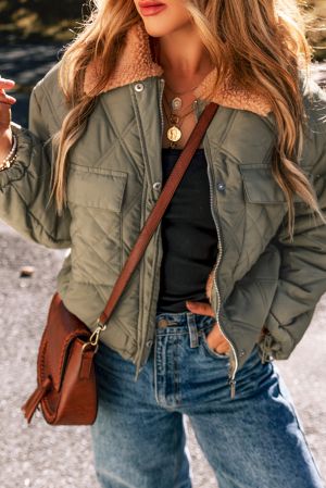 Women's Jungle Green Quilted Puffer Jacket with Teddy Collar and Pockets