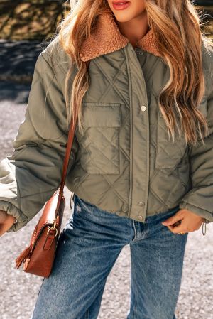 Women's Jungle Green Quilted Puffer Jacket with Teddy Collar and Pockets