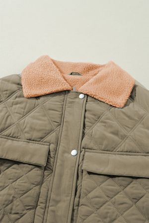 Women's Jungle Green Quilted Puffer Jacket with Teddy Collar and Pockets