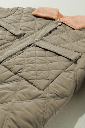 Women's Jungle Green Quilted Puffer Jacket with Teddy Collar and Pockets