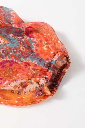 Orange Boho Paisley Print Long Sleeve Pleated Belted Mini Dress