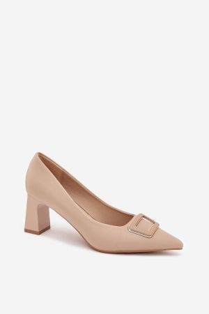 Women’s Beige Elegant Block Heel Shoes with Decorative Buckle