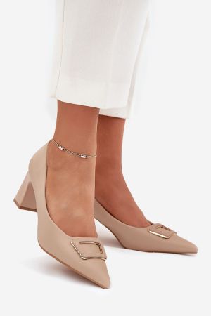 Women’s Beige Elegant Block Heel Shoes with Decorative Buckle