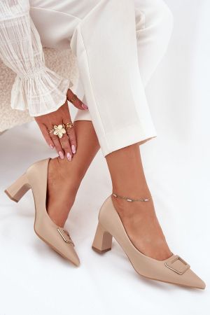 Women’s Beige Elegant Block Heel Shoes with Decorative Buckle