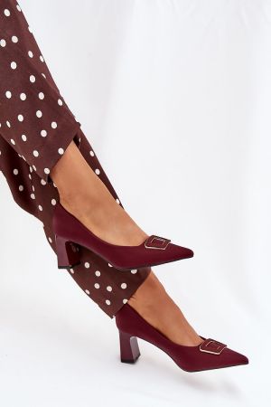 Women’s Burgundy Elegant Block Heel Shoes with Decorative Buckle