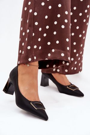 Women’s Black Elegant Block Heel Shoes with Decorative Buckle