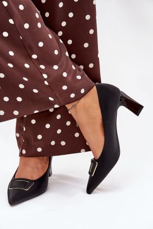 Women’s Black Elegant Block Heel Shoes with Decorative Buckle