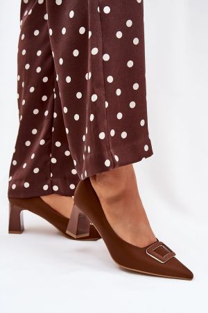 Women’s Brown Elegant Block Heel Shoes with Decorative Buckle