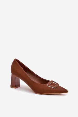 Women’s Brown Elegant Block Heel Shoes with Decorative Buckle