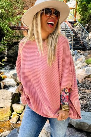 Women's Pink Ribbed Knit Poncho Sweater