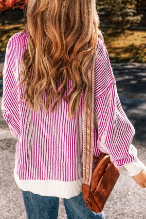 Women's Bright Pink Striped Loose Knit Sweater with Contrast Edges