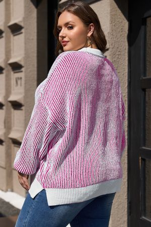 Women's Bright Pink Striped Loose Knit Sweater with Contrast Edges