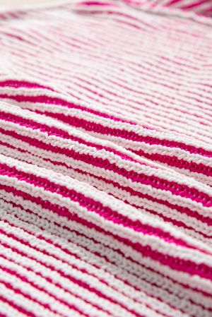 Women's Bright Pink Striped Loose Knit Sweater with Contrast Edges