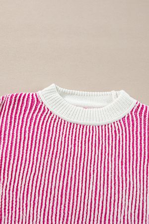 Women's Bright Pink Striped Loose Knit Sweater with Contrast Edges