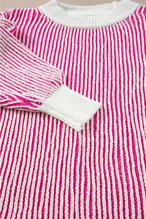 Women's Bright Pink Striped Loose Knit Sweater with Contrast Edges