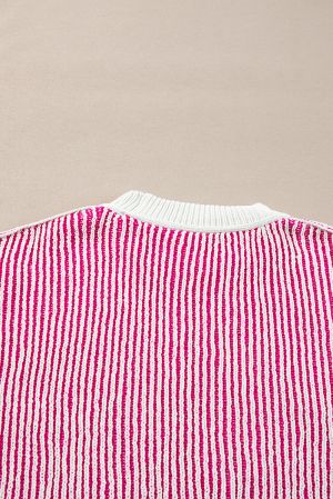 Women's Bright Pink Striped Loose Knit Sweater with Contrast Edges