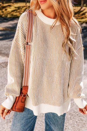 Women's Chestnut Striped Loose Knit Sweater with Contrast Edges