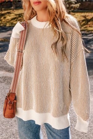 Women's Chestnut Striped Loose Knit Sweater with Contrast Edges