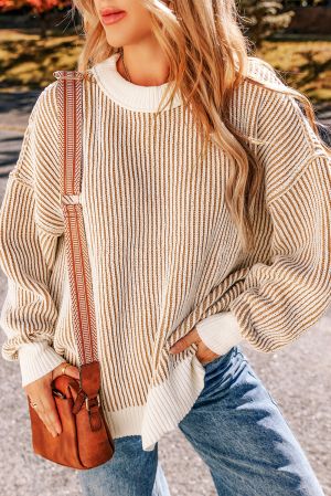 Women's Chestnut Striped Loose Knit Sweater with Contrast Edges