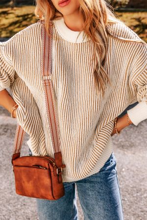 Women's Chestnut Striped Loose Knit Sweater with Contrast Edges