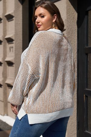 Women's Chestnut Striped Loose Knit Sweater with Contrast Edges