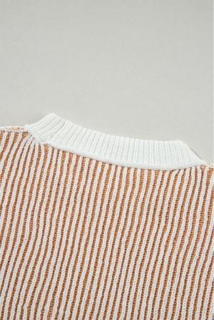 Women's Chestnut Striped Loose Knit Sweater with Contrast Edges