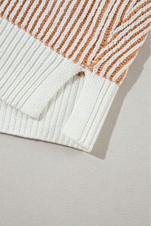 Women's Chestnut Striped Loose Knit Sweater with Contrast Edges