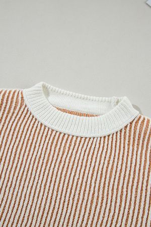 Women's Chestnut Striped Loose Knit Sweater with Contrast Edges