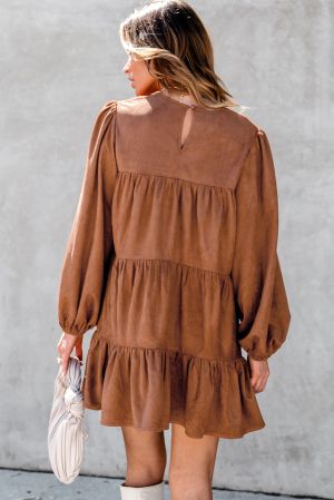 Women's Chestnut Brown Mini Dress with Floral Embroidery and Tiered Ruffles
