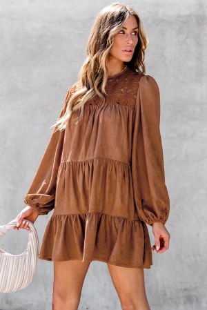 Women's Chestnut Brown Mini Dress with Floral Embroidery and Tiered Ruffles