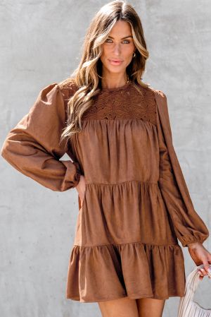 Women's Chestnut Brown Mini Dress with Floral Embroidery and Tiered Ruffles