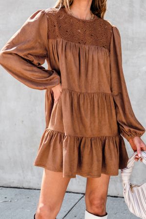 Women's Chestnut Brown Mini Dress with Floral Embroidery and Tiered Ruffles