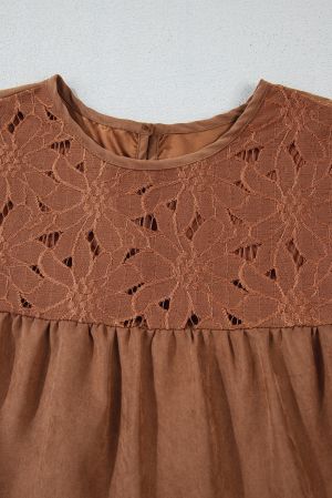 Women's Chestnut Brown Mini Dress with Floral Embroidery and Tiered Ruffles